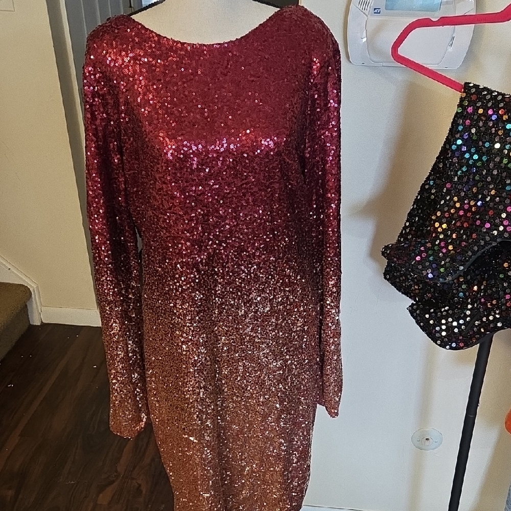 BE A SHOWSTOPPER in this Red and Champagne Gold Sequin Dress